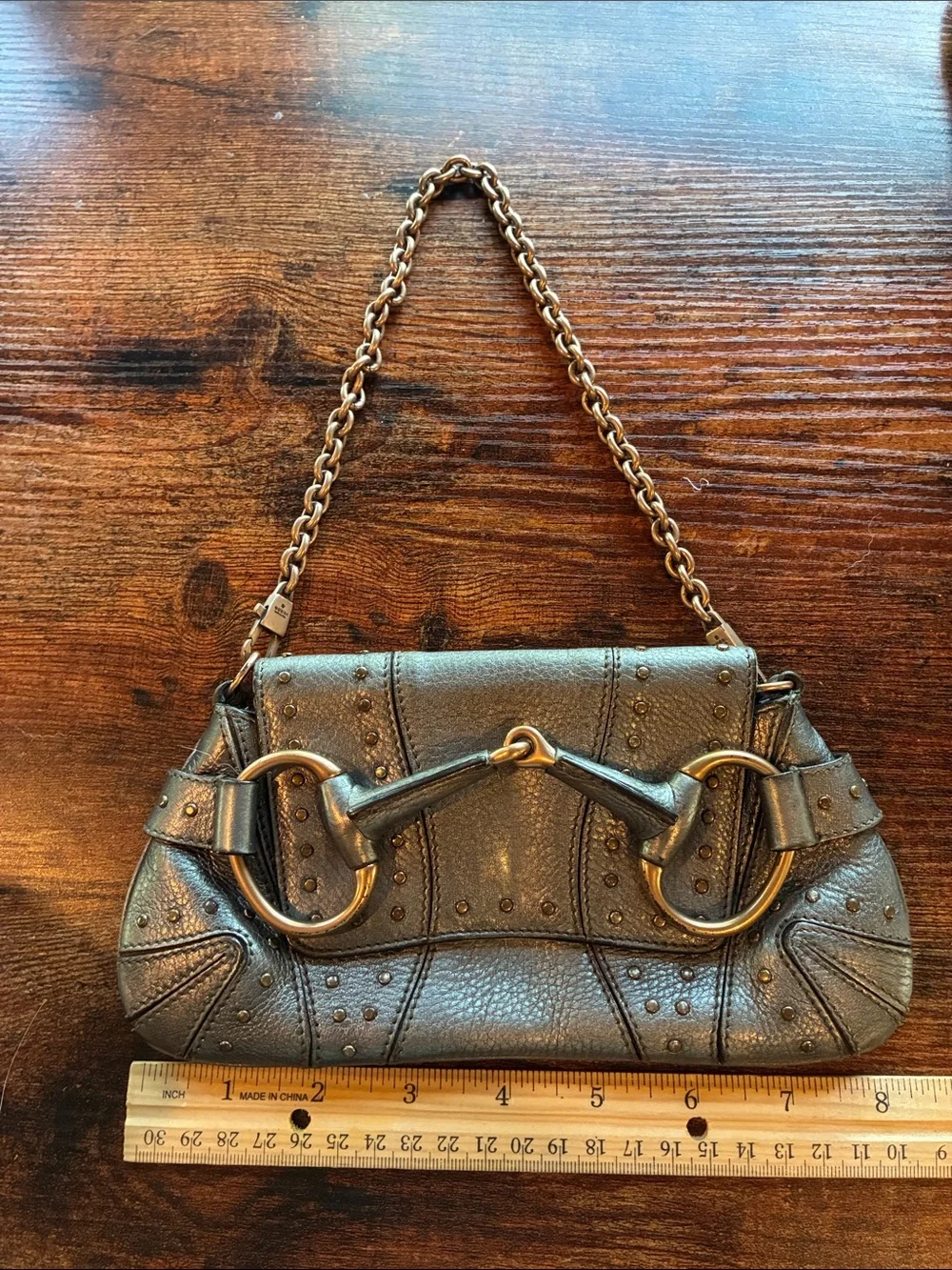 Authentic Gucci HorseBit Chain Micro Gun Metal Leather Rose Gold Studs & Chain.